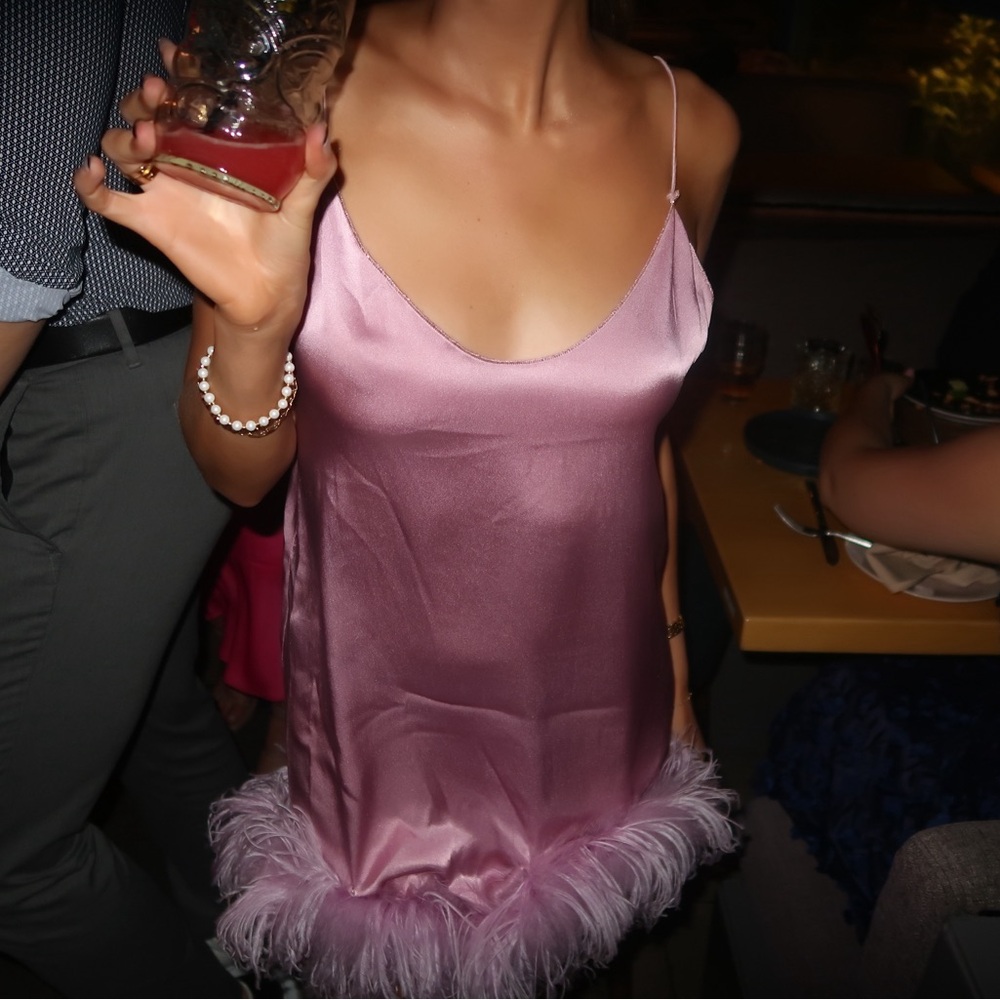 Oseree Satin Feather-Trim Slip Dress - Pink